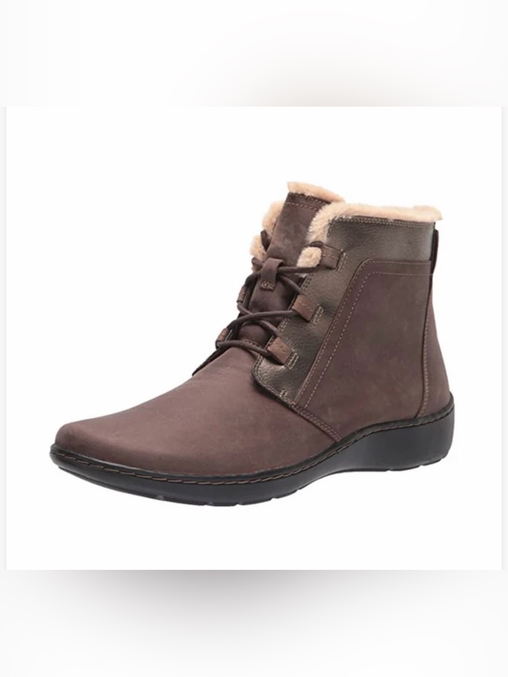 NWOT Clarks Brown Leather Fur-Trim Ankle Booties